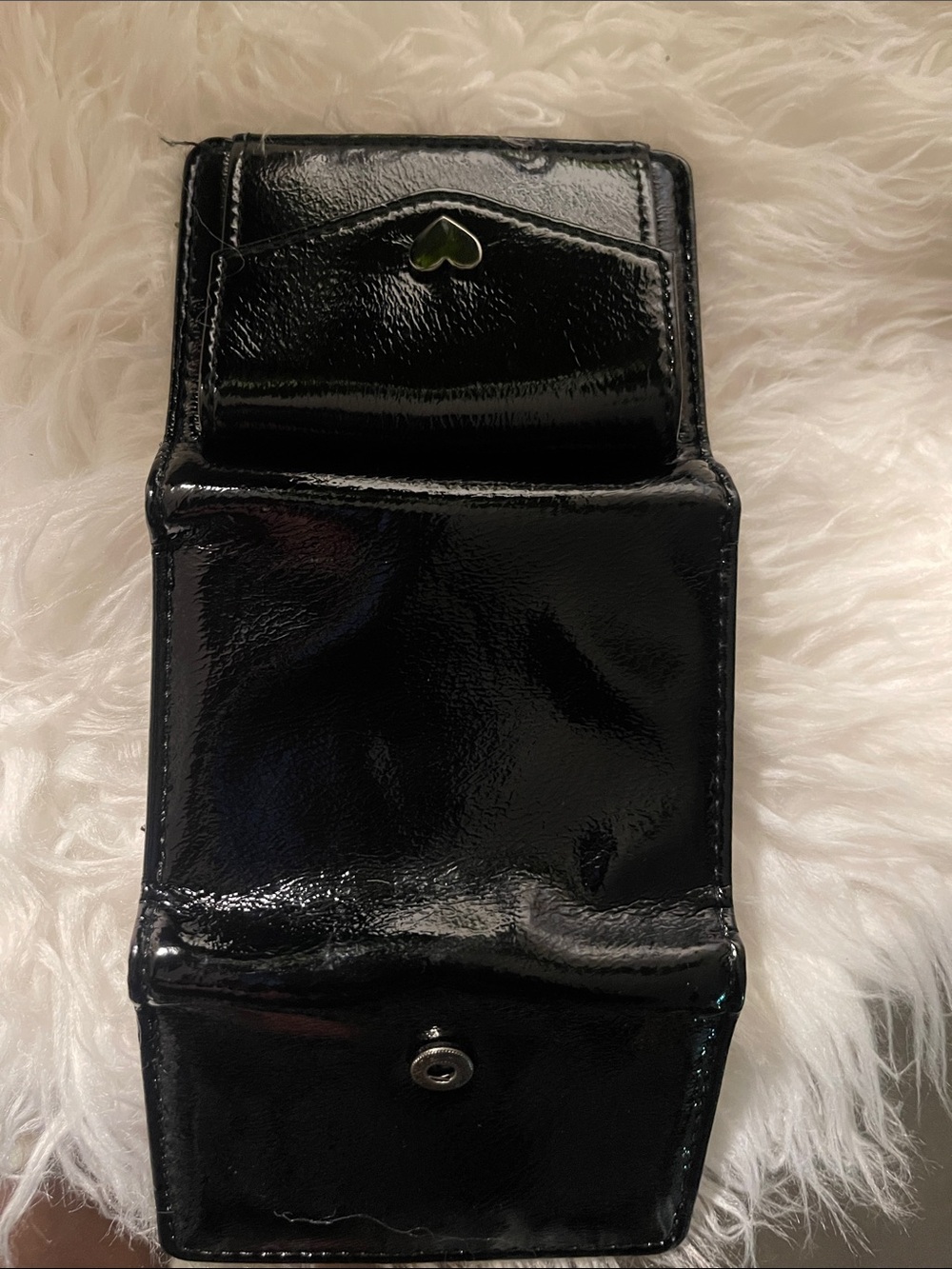 Black Patent Trifold Women's Wallet with Heart Accent